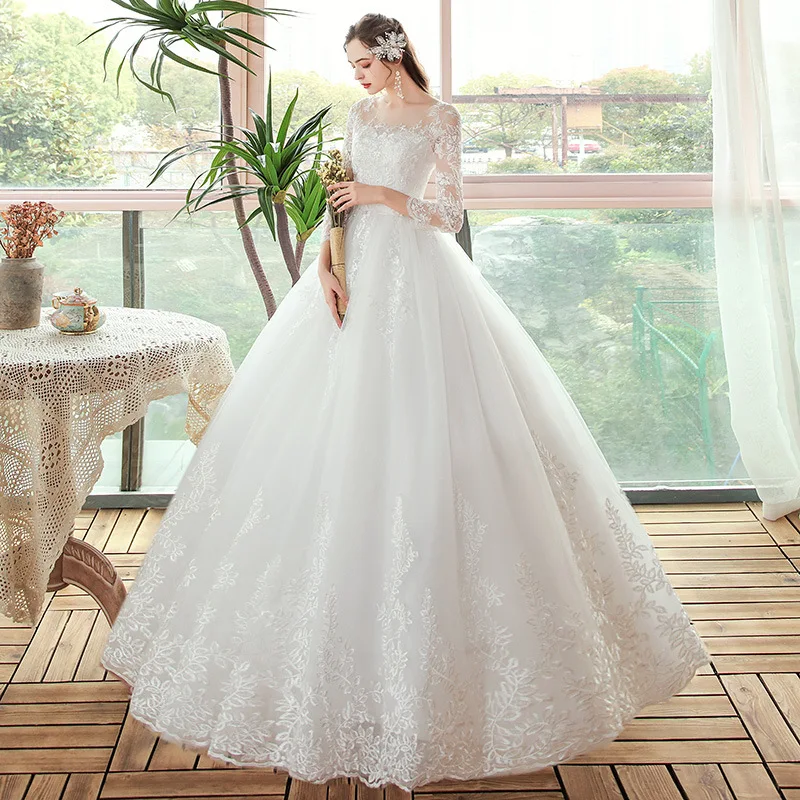 Vestido De Noiva 2022 New Elegant O-neck Wedding Dress Lace Embroidery Long Sleeve Wedding Gowns Floor-length Bridal Dress