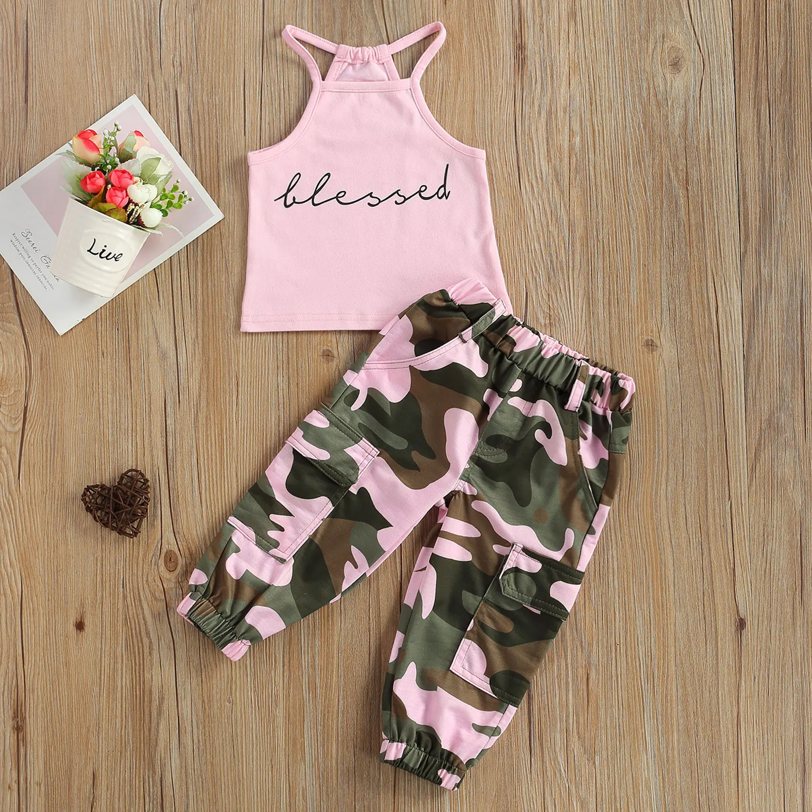 Summer Toddler Girl Sleeveless Letter Printed High Neck Halter Tops Camouflage Printed Long Pants 2pcs Outfits Children Clothing