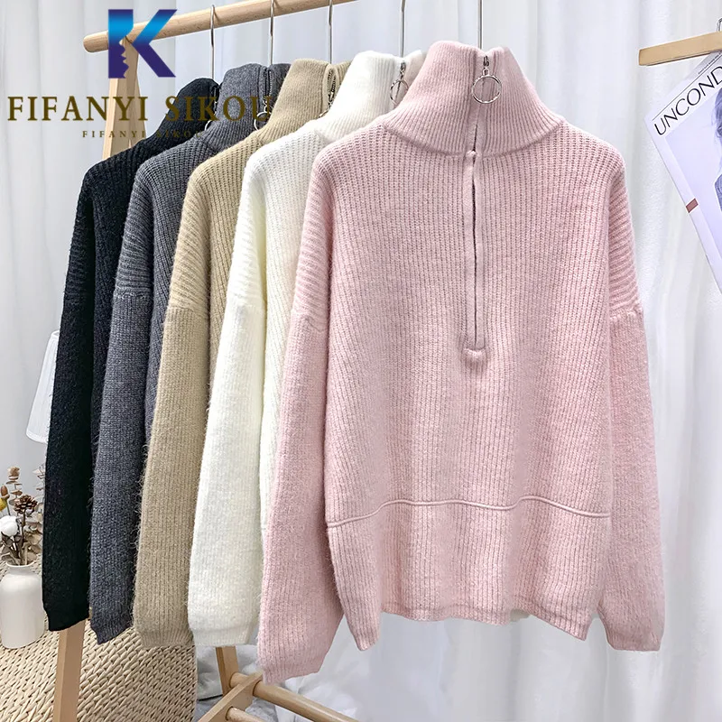 Turtleneck Knitted Sweater Women Autumn Winter Thick Warm Long Sleeve Pullover Zipper Fashion Loose Tops High Quality Sweaters