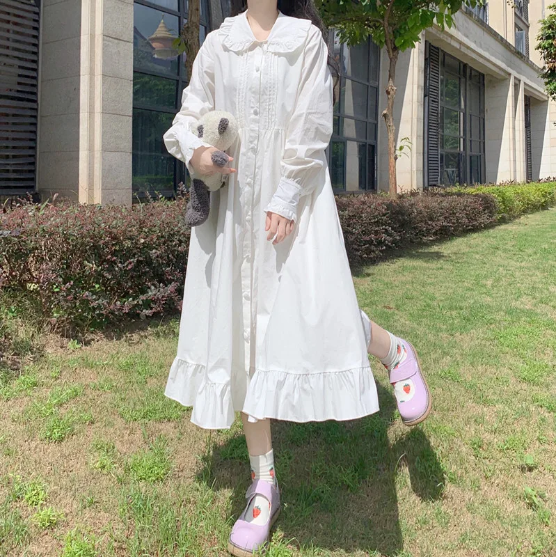 Dress 2020 Autumn Japanese Sweet lolita dess Doll Collar Long Sleeves High Waist All-Matching Ruffled Swing Female White Dress