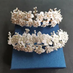 SLBRIDAL Handmade Luxury Crystal Rhinestones Pearls Ceram Flower Bridal Tiara Wedding Bridesmaids Party Crown Women Hair Jewelry