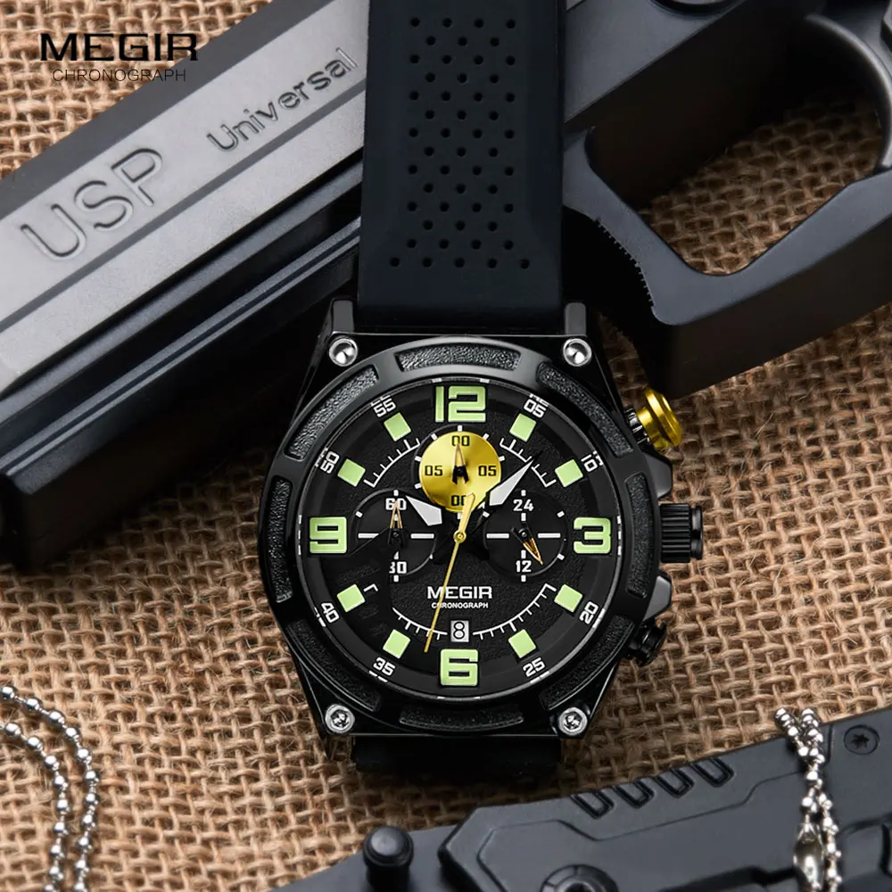 MEGIR Chronograph Quartz Watch for Men Fashion SIlicone Strap Sports Wristwatch Waterproof часы мужские relogio masculino 2116