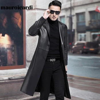 Mauroicardi-Chaqueta larga de cuero negro para hombre, chaqueta de manga larga con solapa, abrigo de jeether de imitación, talla grande, estilo 5xl, primavera y otoño