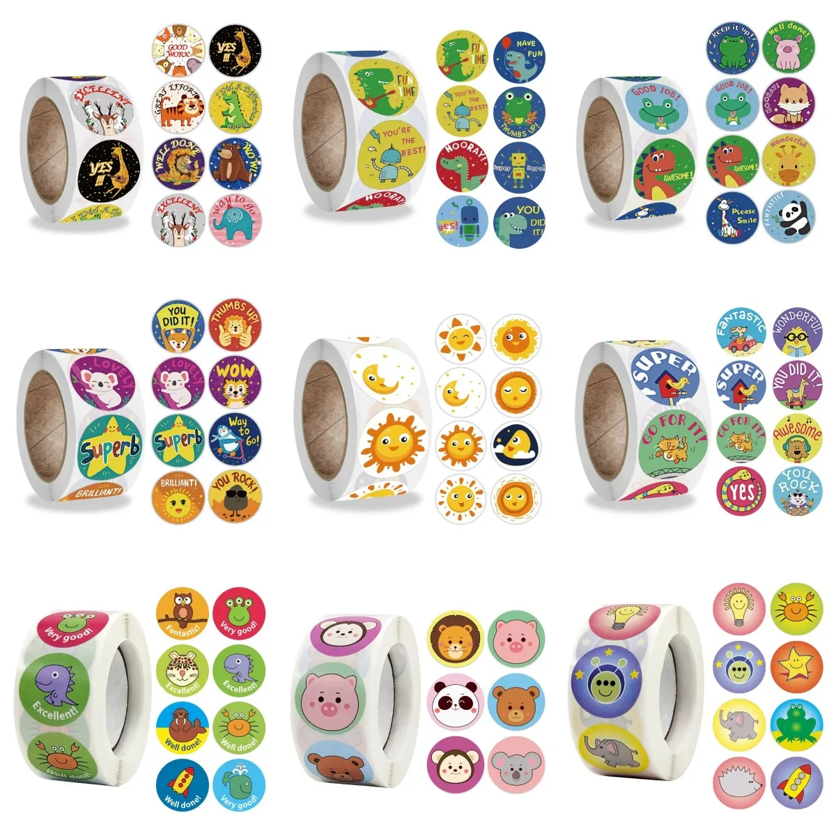 500Pcs/Roll 8 Styles Round Cartoon Sun Smiley Kids Reward Stickers Party Handmade Scrapbooking Gift Packaging Seal Label 