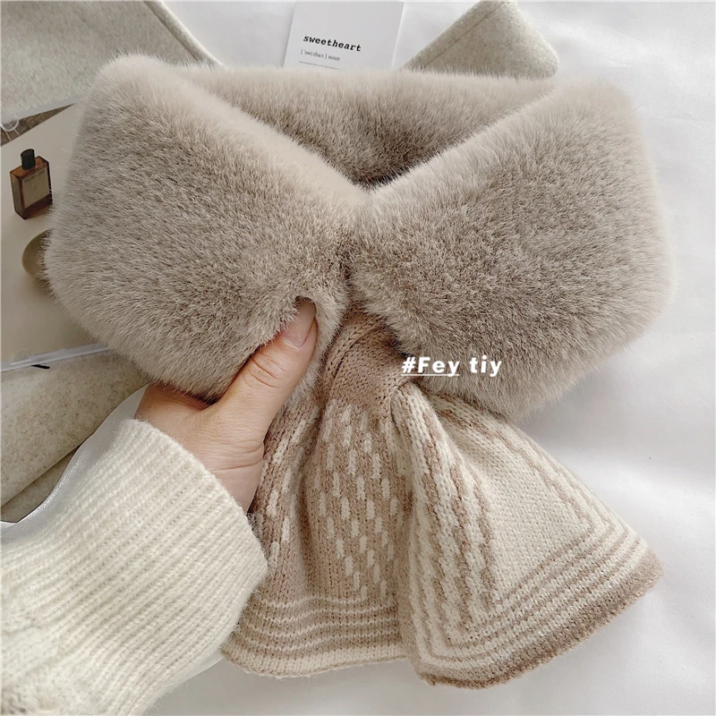 Korean Wool Knit Cross Bib Plush Warm Scarf Woman\'s Winter Faux Rex Rabbit Fur Stripe Thicken False Collar Neck Guard Scarve Q88