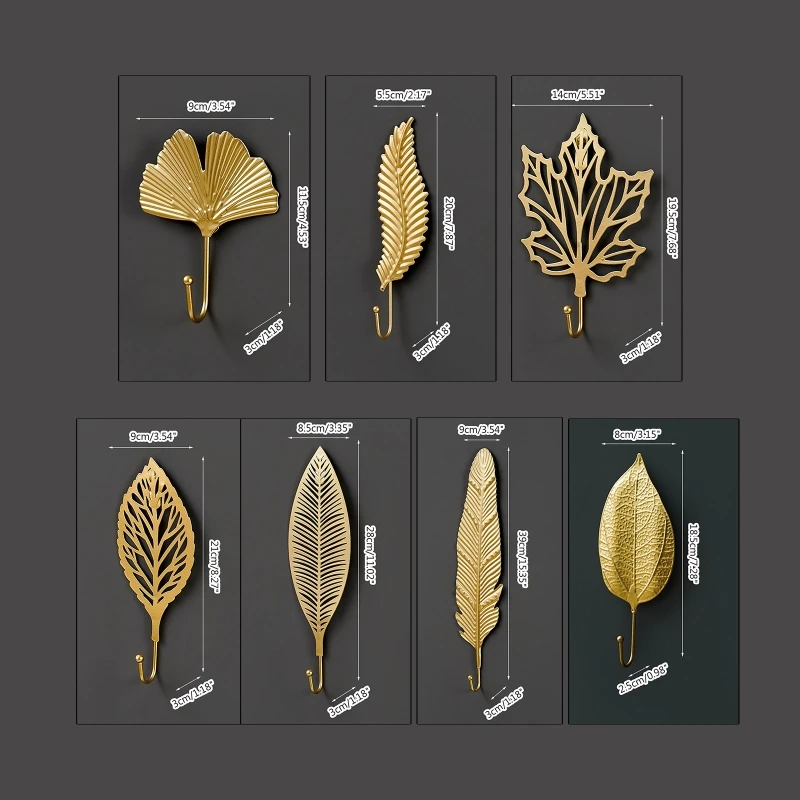 Decorative Leaves Iron Hook Plant Modern Key Holder Wall Mounted Gold Single Prong Coat Hanger for Hallways Living Room