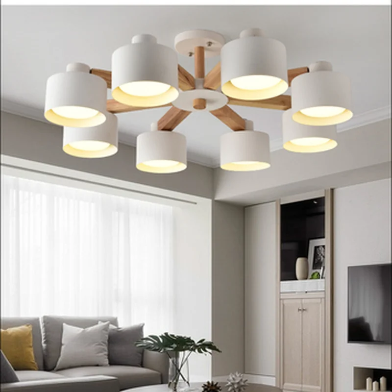 

Nordic 220V LED Chandelier With Iron Lampshade For Living Room Modern Wooden Lustres Wood Foyer Chandelier Lighting