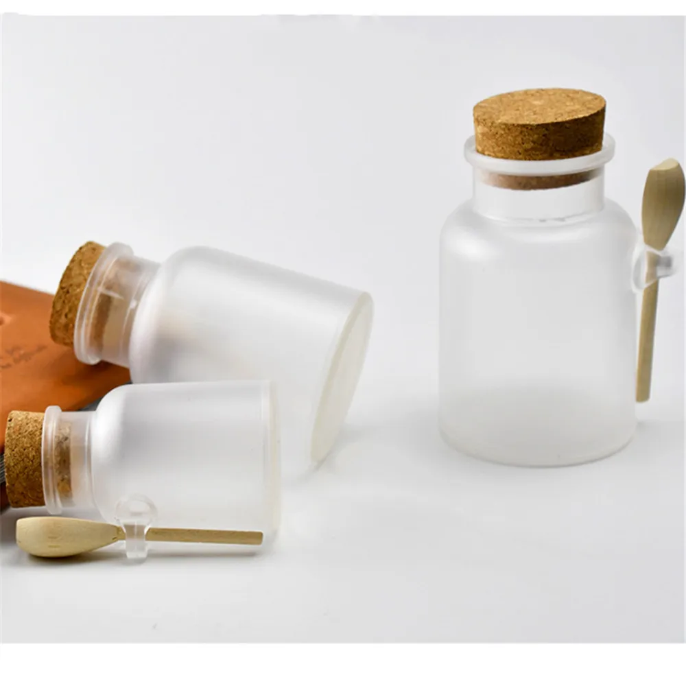 1 pcs Empty Frosted Bath Salt Bottle ABS Plastic Matte Cork Jar Women Bottles Container Refillable Bottle With Wood Spoon