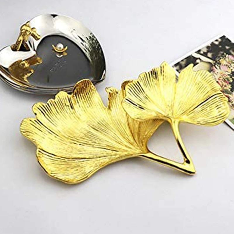 Gold Leaf Ginkgo Biloba Leaf Decorative Tray Gold Jewelry Tray Desk Decorative Dish Organizer Tray For Ring Necklace