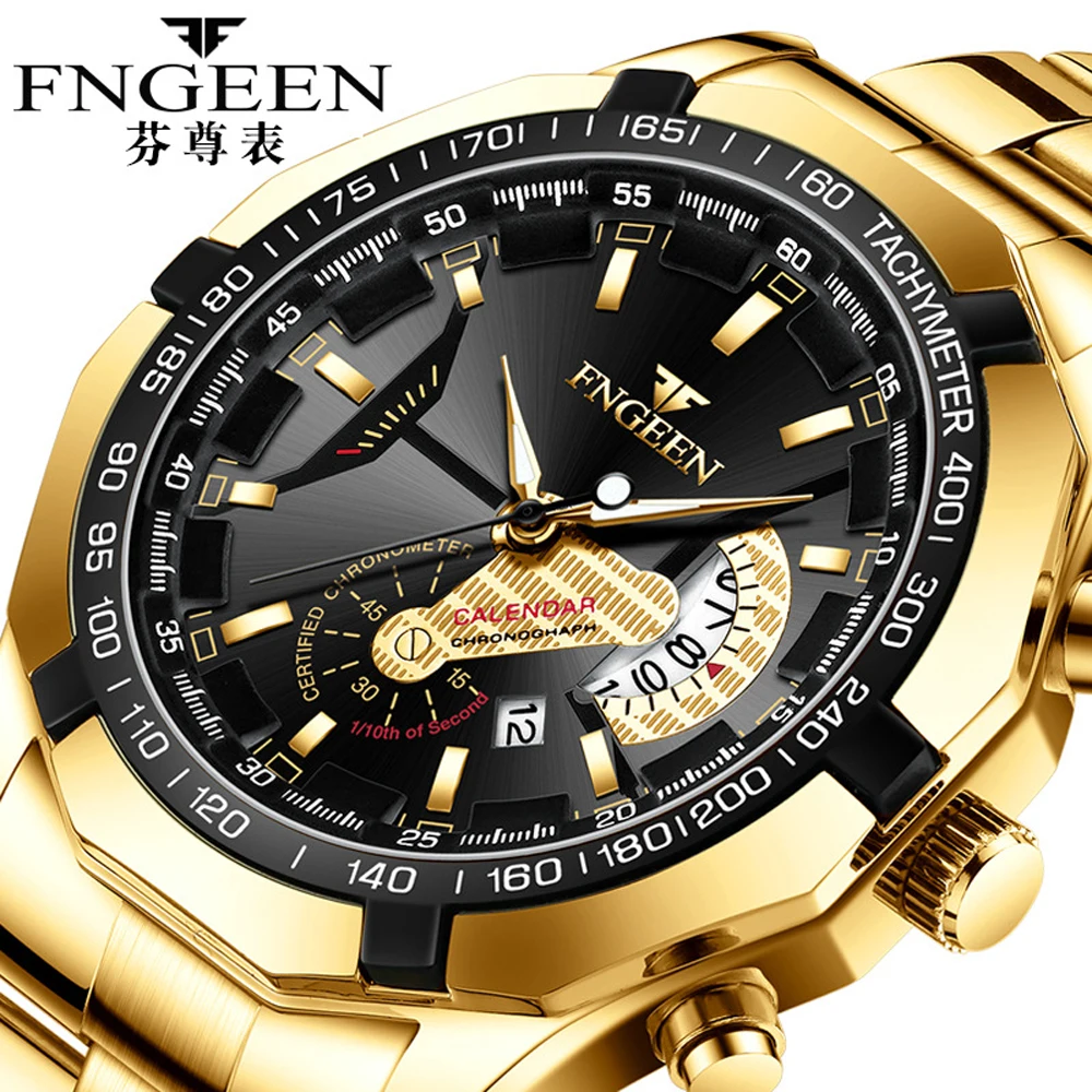 

FNGEEN Quartz Wristwatch Non Mechanical Big Dial Male Clock High Steel Waterproof New Concept Calendar Gold Business Man Watch