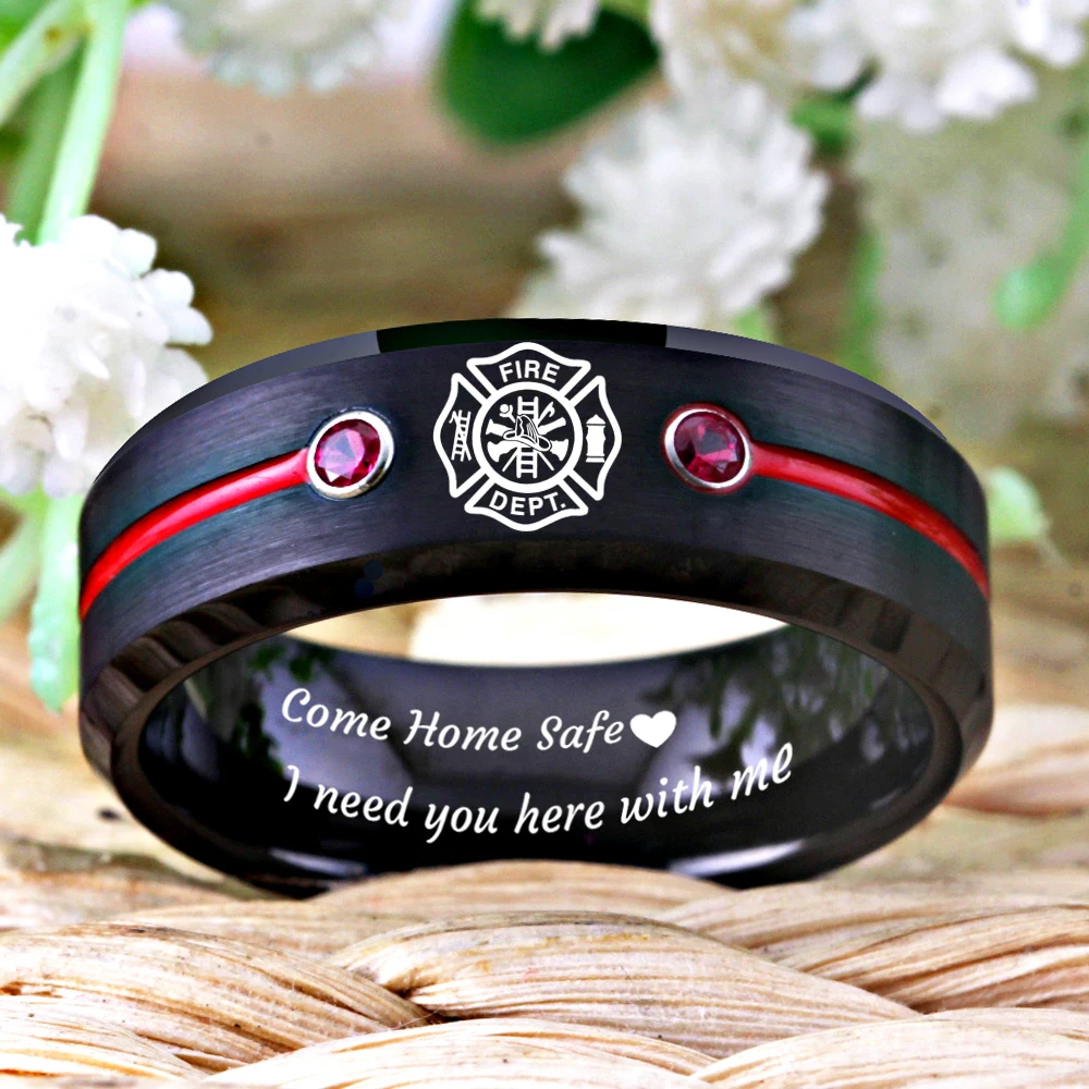 Firefighter Design Fireman Rings Fire Police Ring Men\'s Black Tungsten Ring With Red Groove CZ Anniversary Gift Ring