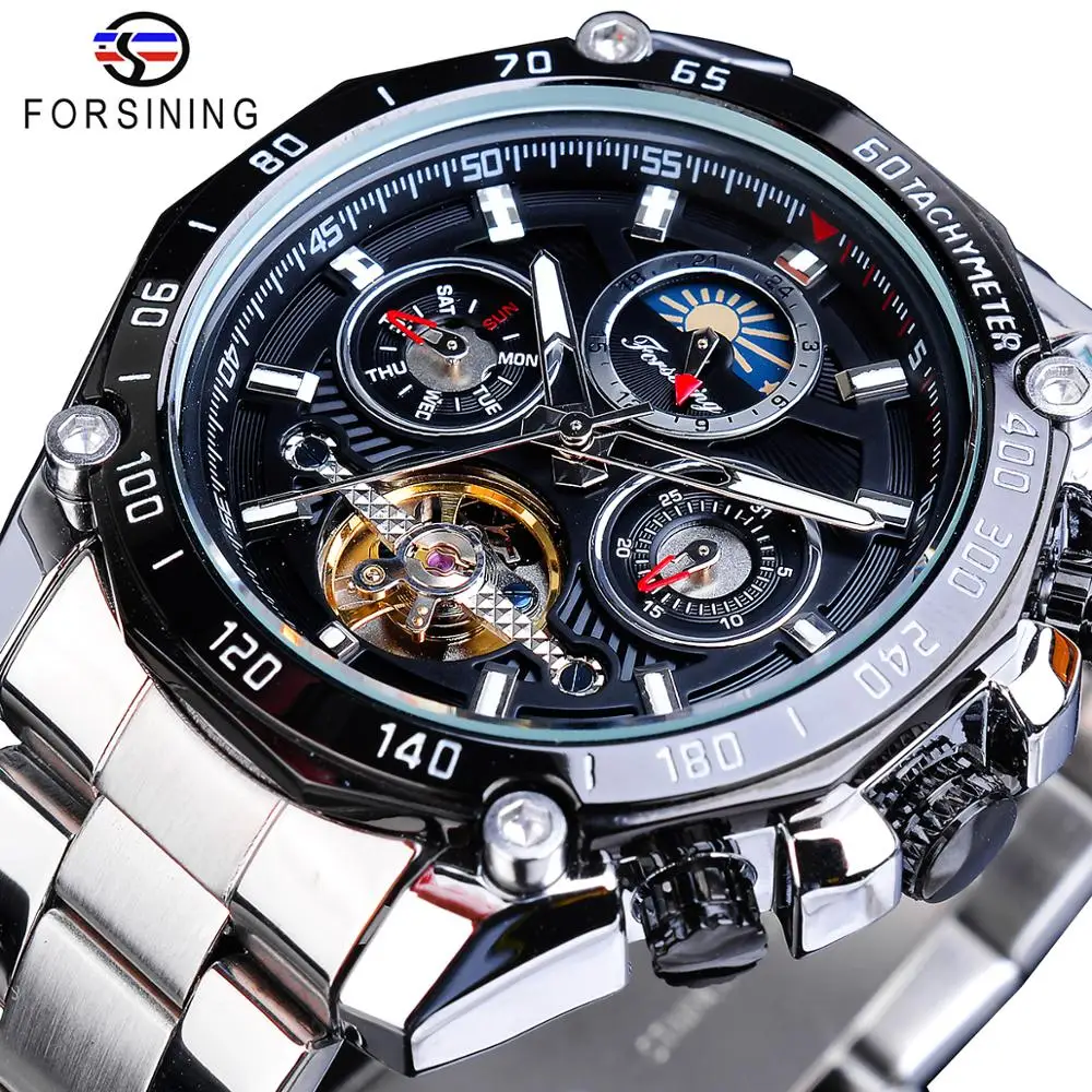 

Forsining Brand Black Male Mechanical Watches Automatic Multifunction Tourbillon Moon Phase Date Racing Sport Steel Band Relogio