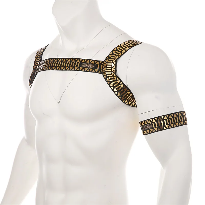 CLEVER-MENMODE Sexy Männer Elastische Körper Brust Harness Gürtel Schulter Riemen Bondage Dessous Mann Gold Camouflage Aushöhlen Kostüm