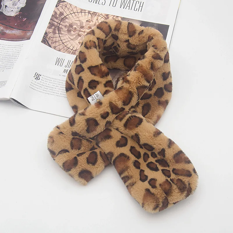 Faux Rabbit Fur Scarf Collar for Women Leopard Print Fluffy Scarf Thick Warm Lady Korean Fashion Winter