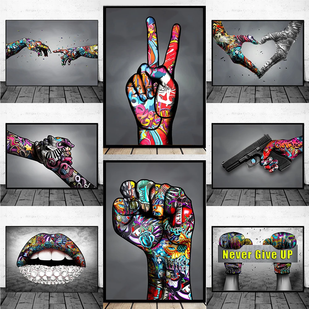 Graffiti Art Victory Cheer Encouraging Gestures and Lips Canvas Art Paintings Poster Print Wall Art Picture for Home Decoration