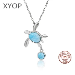 Sea Turtle 925 Sterling Silver Jewelry Gifts Classic Precious Pendant Necklace Natural Larimar Retro Woman Loveliness Charm