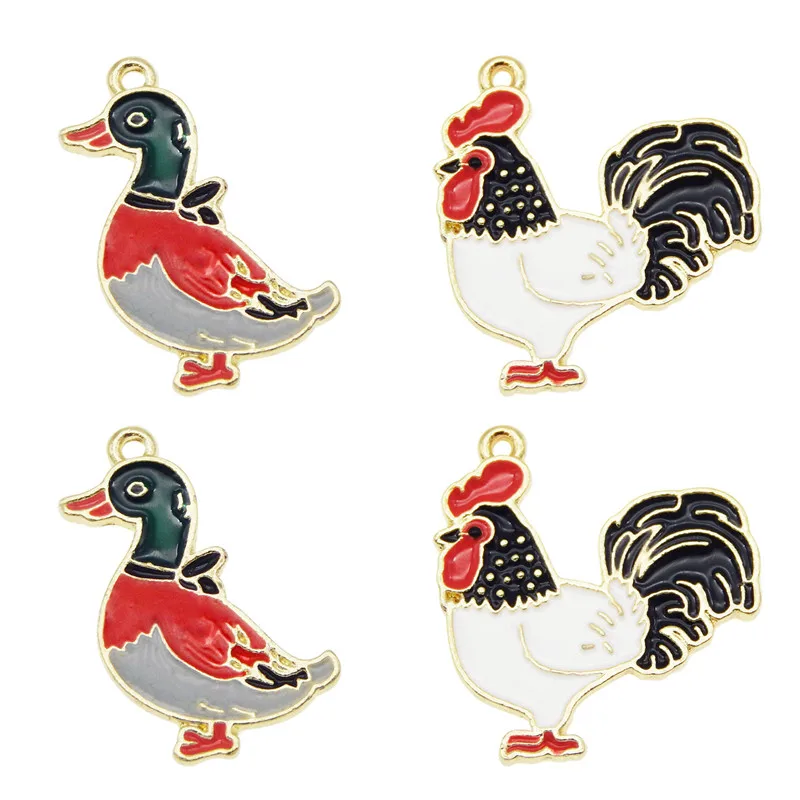 Julie Wang 4PCS Enamel Duck Chicken Charms Alloy Animal Goose Rooster Pendant Bracelet Jewelry Making Accessory