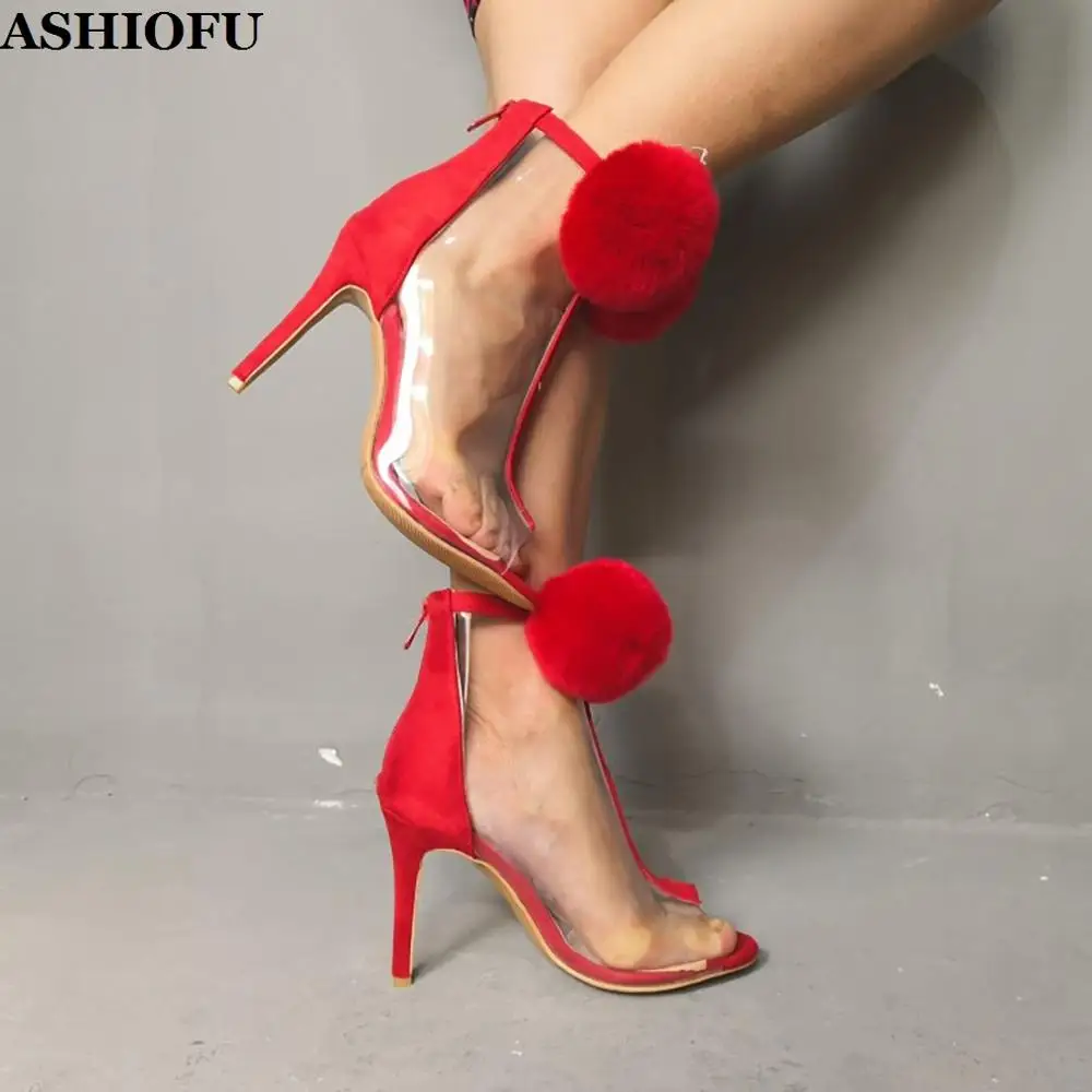 

ASHIOFU Hot Handmade Women High Heel Pumps PVC-leather Fur-ball Peep-toe Party Prom Shoes Large Size Evening Fashion Court Shoes