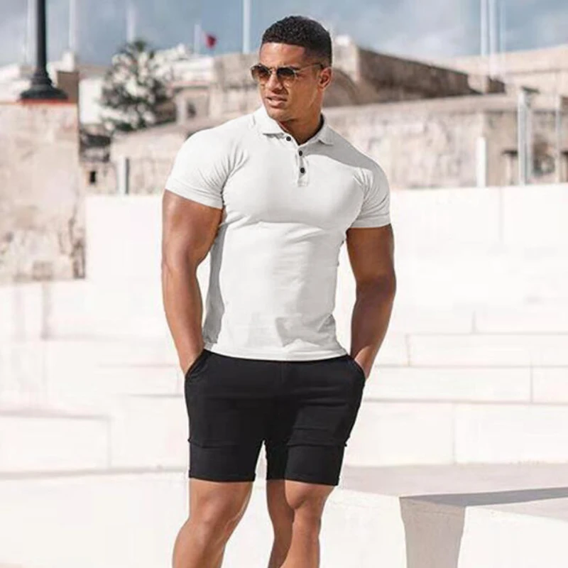 New Plain Fashion Mens Short Sleeve Polo Shirts Summer Slim Fit Turn Collar Male Gym Bodybuilding Fitness Polo Shirt