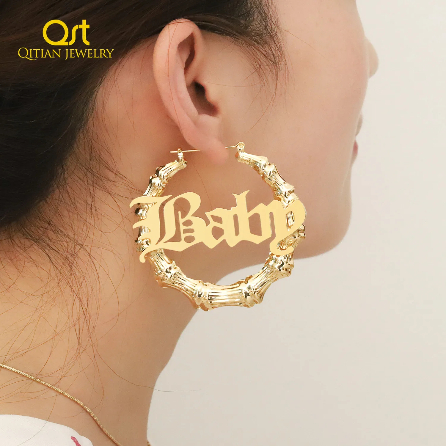 30mm-100mm Custom Bamboo Hoop Earrings Customize Name Earrings Bamboo Style Personality Earring With Statement Words Hiphop Sexy