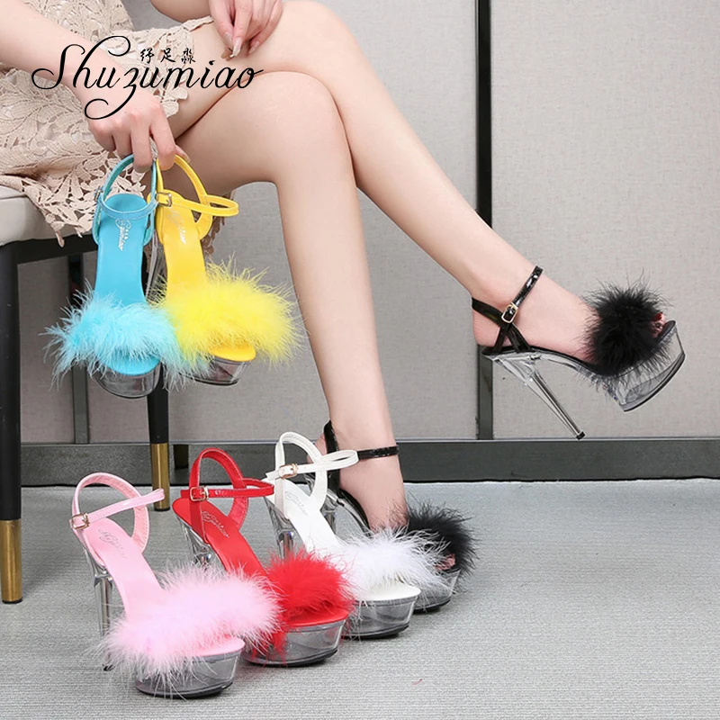 Shuzumiao Sandals For Women Waterproof Platform Women Shoes 2021 Summer New Fur Transparent High Heels 14.5cm Female Party Shoes