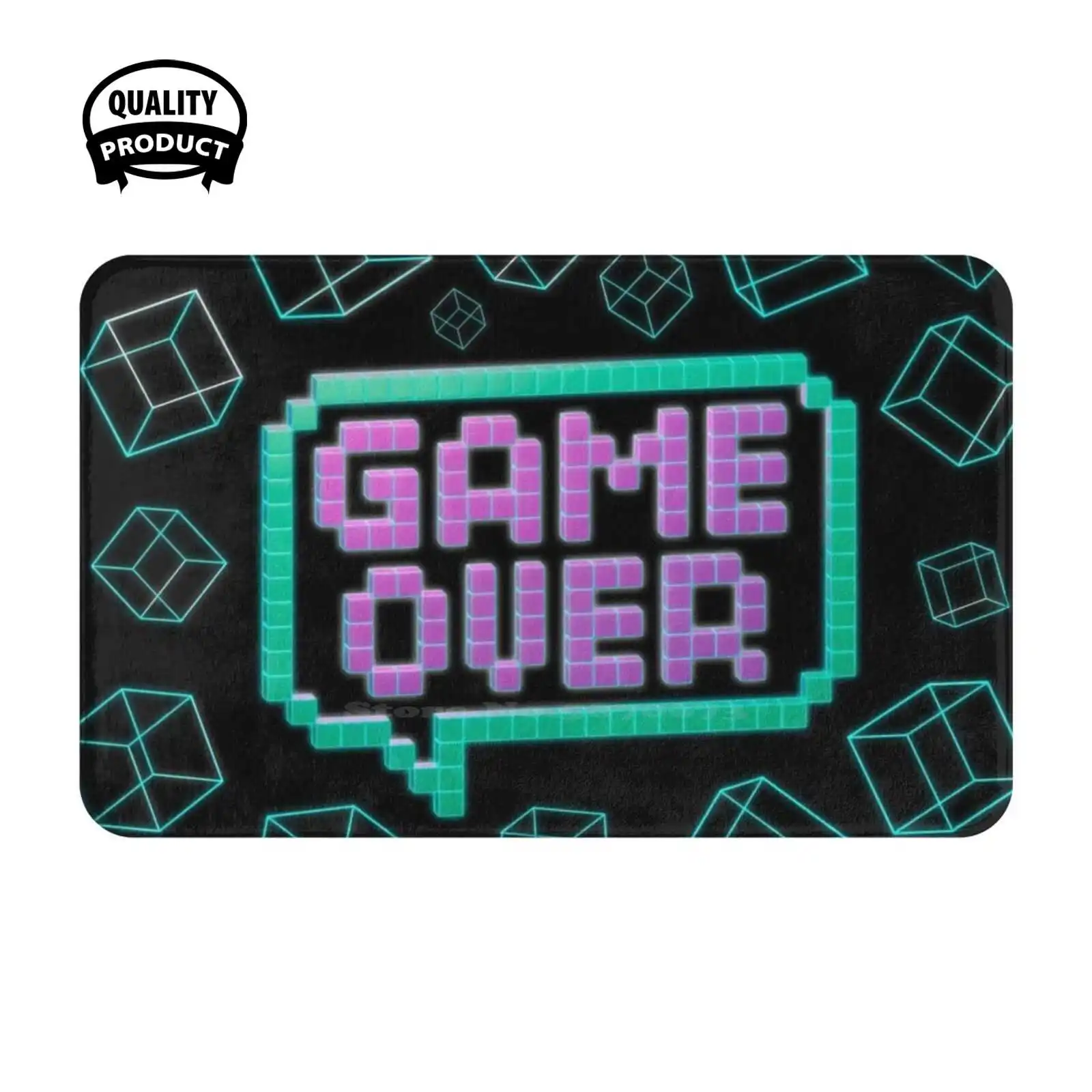 Game Over , Boy Soft Cushion Home Carpet Door Mat Car Rug Over Gamer Videogames Retro Pixel Voxel 3D Futuristic Modeling Space