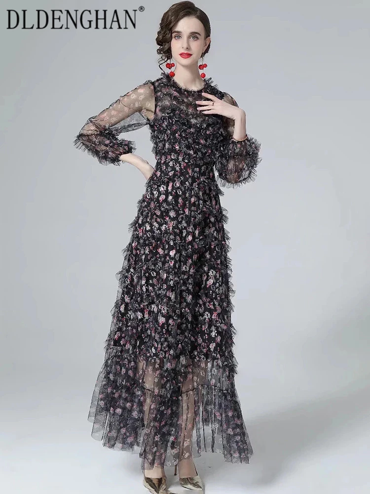 DLDENGHAN Fashion Designer Summer Mesh Maxi Dress Women O-Neck Lantern Sleeve Flower Print  Cascading Ruffle Bohemian Long Dress