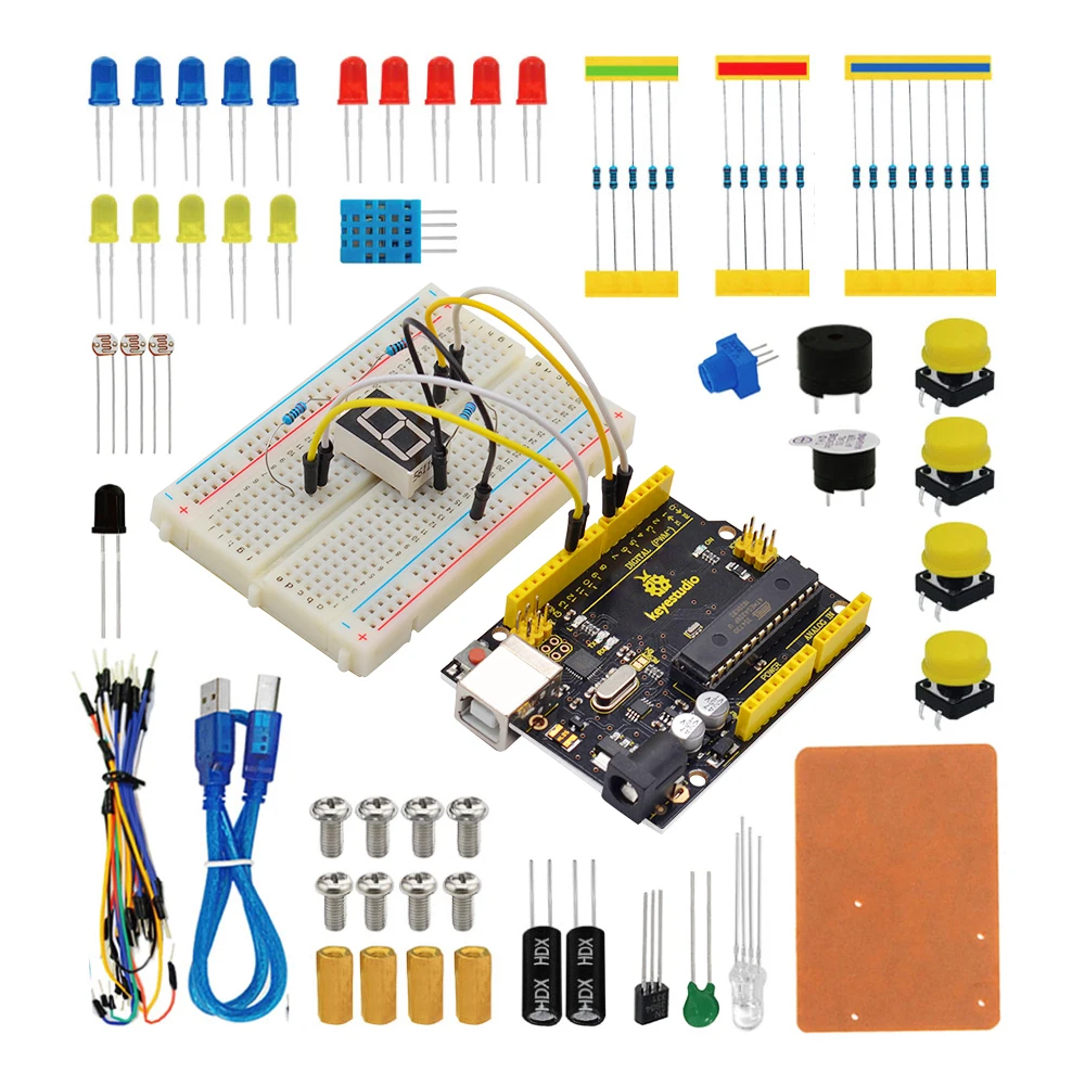 

Keyestudio DIY Electronics Basic Starter Kit Breadboard Kit,Jumper wires,Resistors,Buzzer for Arduino UNO R3 W/GIFT box