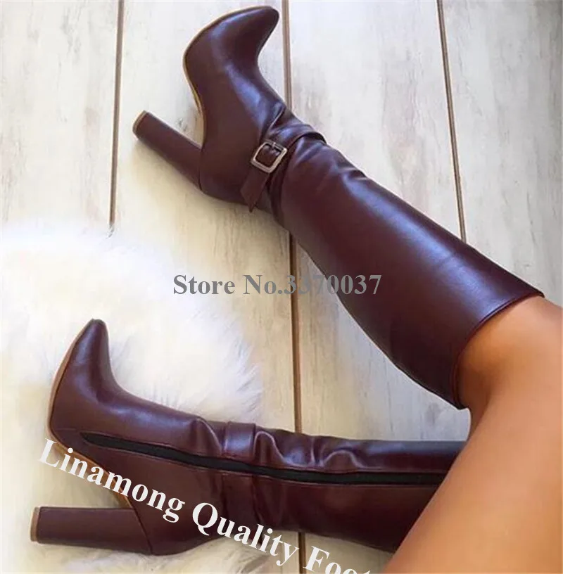 

Linamong Women Classical Pointed Toe Knee High Chunky Heel Boots Black Leather Ankle Strap Buckle Long Thick High Heel Boots