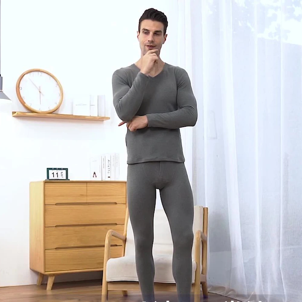 Men Thermal Underwear Suit Thick Warm Winter Long Trousers Seamless V-neck Round Neck Clothes Pants Set Dralon Keep Warm