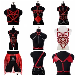 Czerwona bielizna skórzana uprząż łańcuch do paska moda Punk Street Bondage Top Chest Pentagram Sexy Suspender regulowana zabawa w klubie