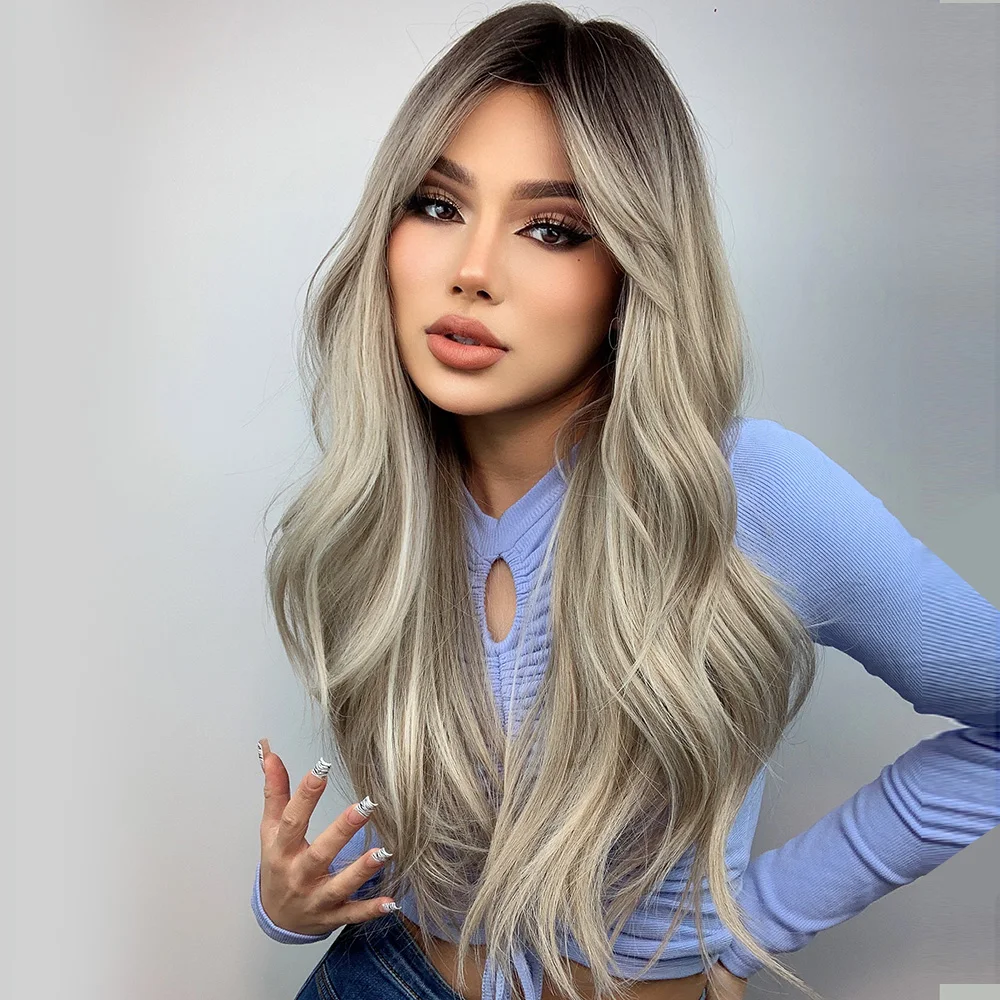 GEMMA Long Wavy Black Brown Gray Ash White Ombre Synthetic Wig with Bangs Cosplay Daily Party Wig for Women Heat Resistant Hair