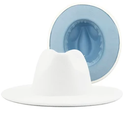 Simple Outer white Inner Sky blue Wool Felt Jazz Fedora Hats with Thin Belt Buckle Men Women Wide Brim Panama Trilby Cap 56-60CM