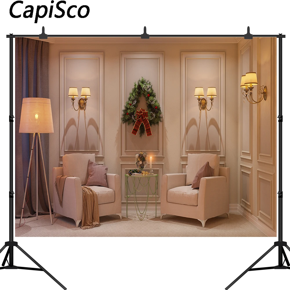 

Capisco Christmas indoor sofa photography backdrops house green wreath decor Photo background for kids portrait studio props