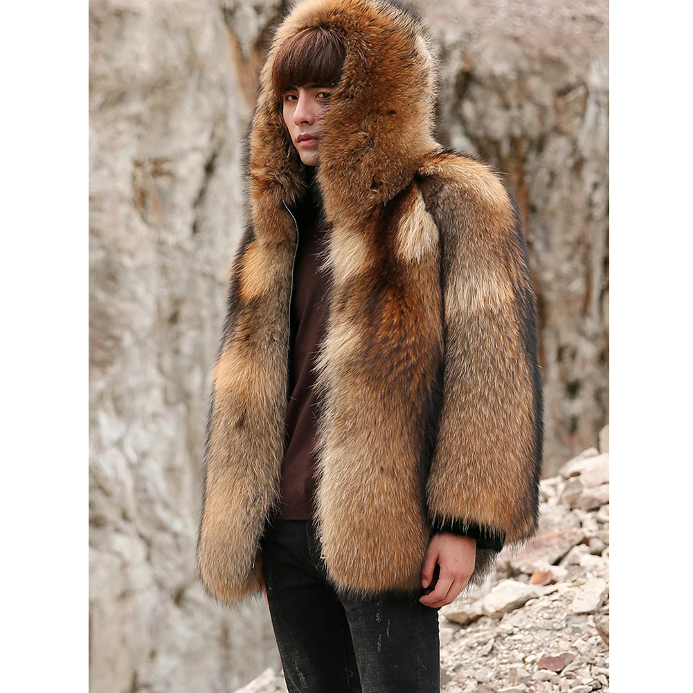 

2019 New Mens Brown Raccoon Fur Coat Fox Fur Coat Sheepskin Jacket Hooded Leather Jacket Mens Winter Coats