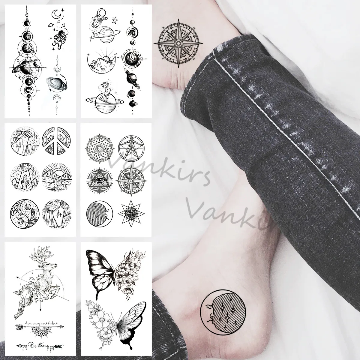 Black Compass Small Temporary Tattoo For Women Girls Realistic Astronaut Butterfly Elk Planet Fake Tattoo Sticker Leg Tatoos Arm