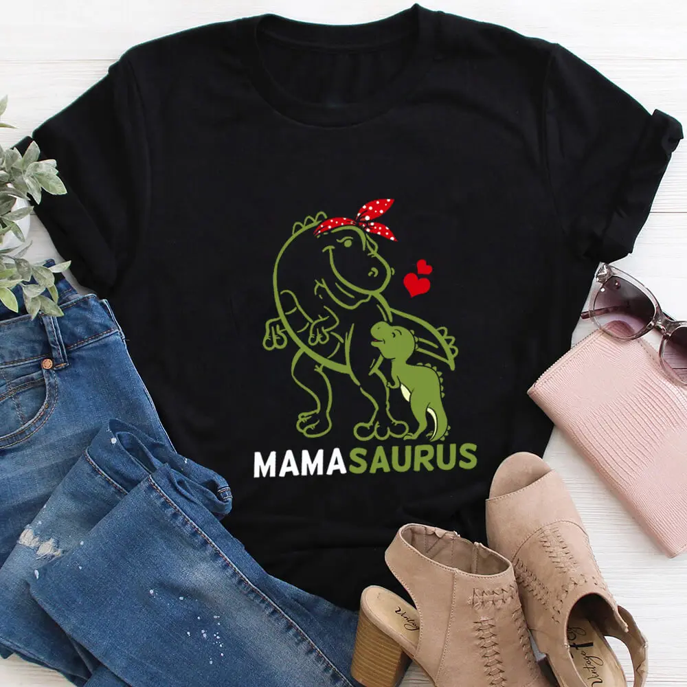 

MAMASAURUS Cute Cartoon Printed 100%Cotton Women Tshirt Mom Life Funny Summer Casual O-Neck Short Sleeve Tops Mother's Day Gift