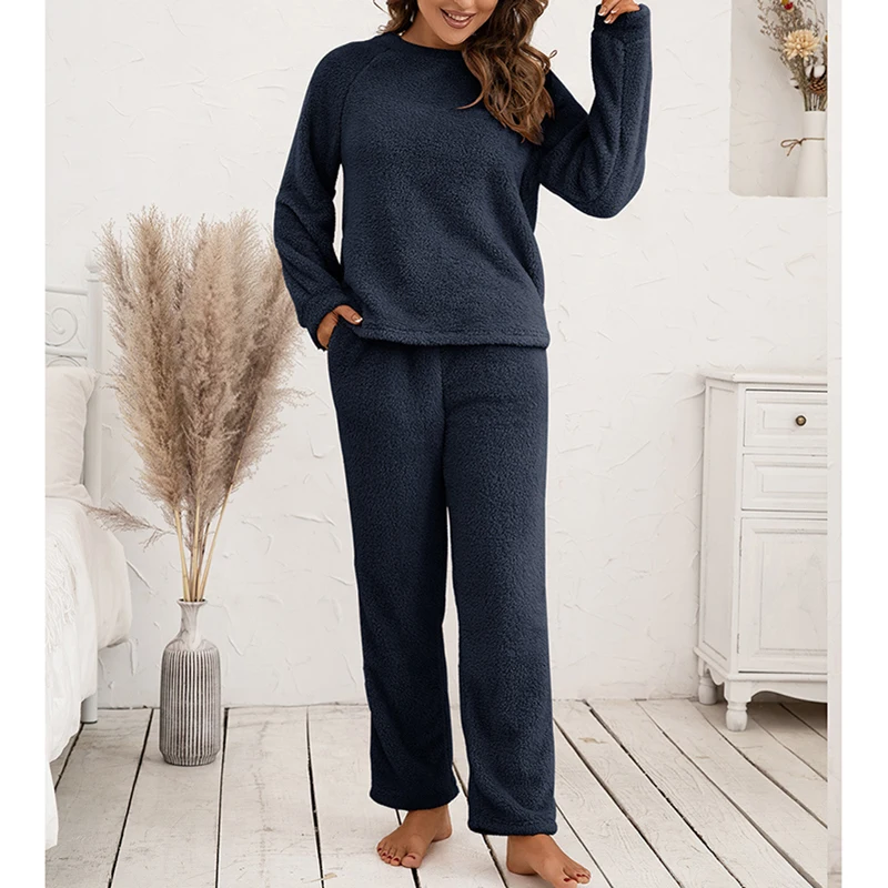 Women Pajamas Sets Fleece Winter Warm Sleepwear Casual Plush Solid Color Long Sleeve Tops Trousers Home Clothes Nightwear New