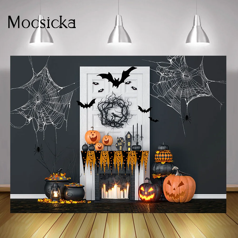 

Halloween Night Party Backdrop Decorations Spider Web Fireplace Halloween Portrait Background Pumpkin Lantern Birthday Photocall