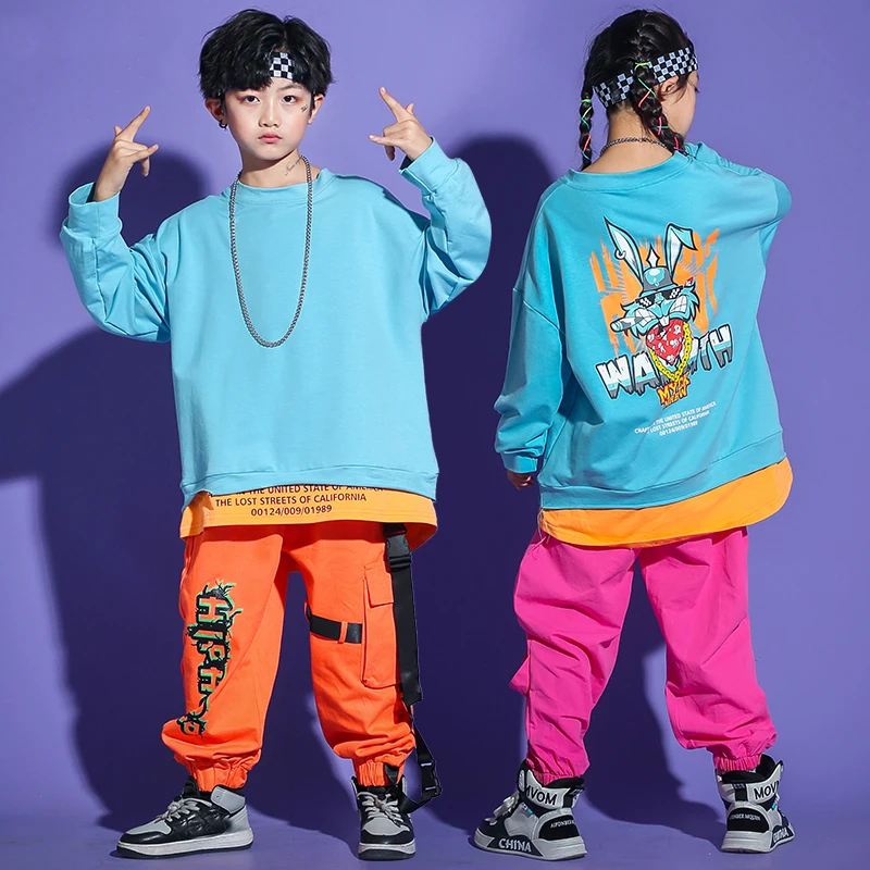 

Fluorescent Colors Suit Boys Hip-Hop Performance Clothes For Kids Jazz Dance Costume Outfit Girls Stage Show Streetwear SL5610