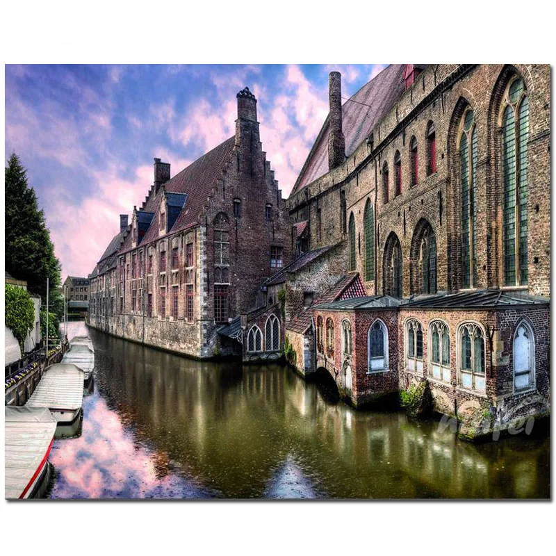 Full SquareRound 5d Diamond Painting Belgium water city Water Reflection Building Cross Stitch Diamond Embroidery StickerZP-3436