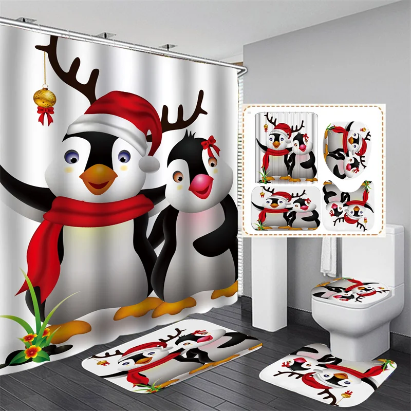 Printed Santa Shower Curtain Set Christmas Decoration Home Holiday Non-slip Toilet Seat Cover Bath Mat  Decoracion De Baño