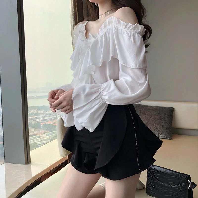 Off Shoulder Blouses Women Ruffles Sexy Party Design Stylish Ulzzang Solid Feminine Leisure All-match Spring Soft Popular Ins