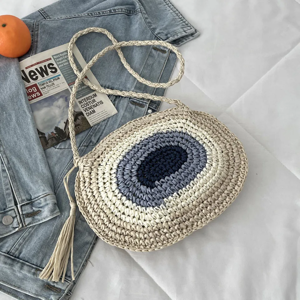 Sommer Quaste Woven Circlar Stroh Tasche Mode Große Kapazität Runde Crossbody Schulter Tasche Strand Stricken Dame Rattan Tasche Bast