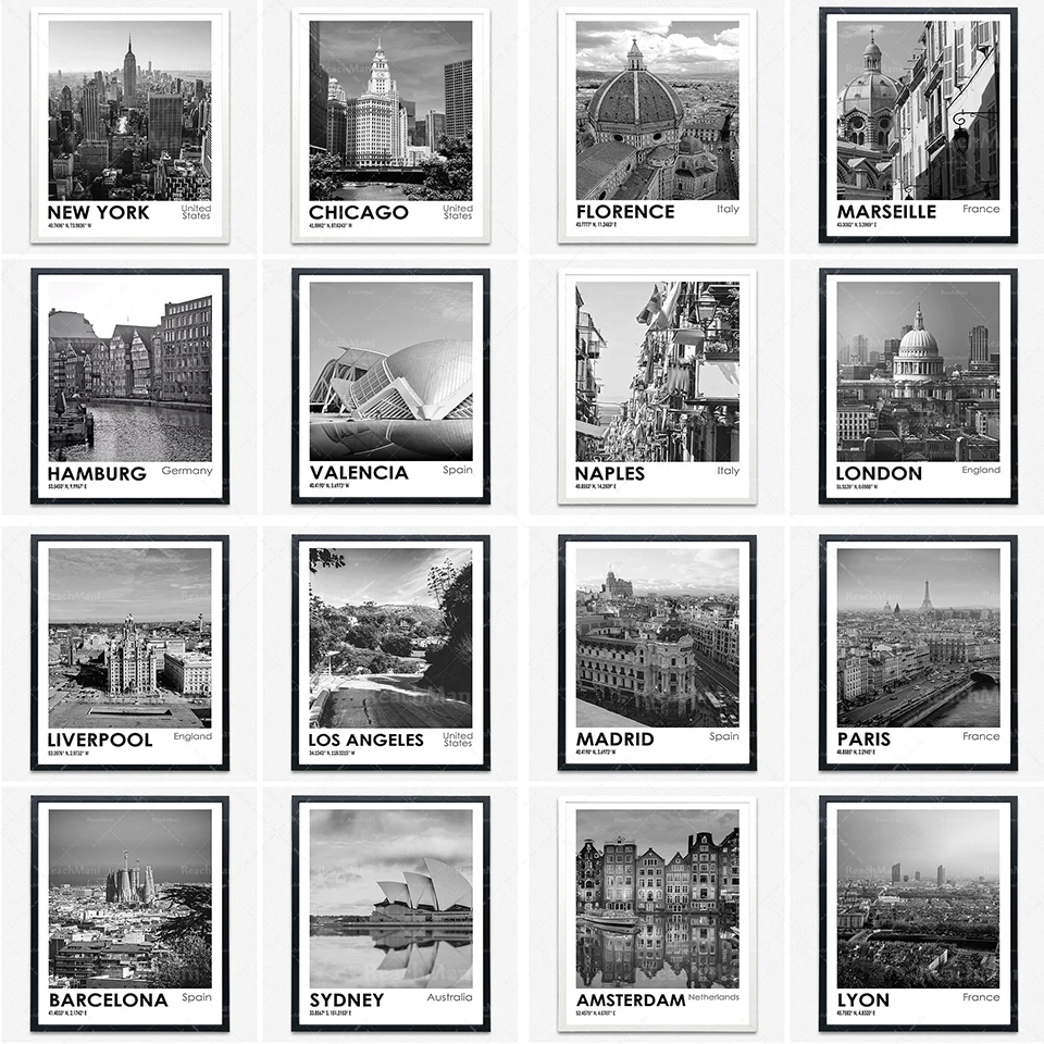 Canvas Nordic landscape painting London, Lyon, Marseille travel poster London city black and white art photo printing London tra