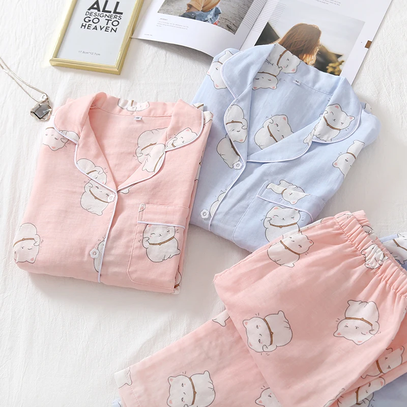 Spring / Summer 2021 new 100%Pure cotton yarn cloth long-sleeved trousers ladies pajamas suit simple style long pajamas