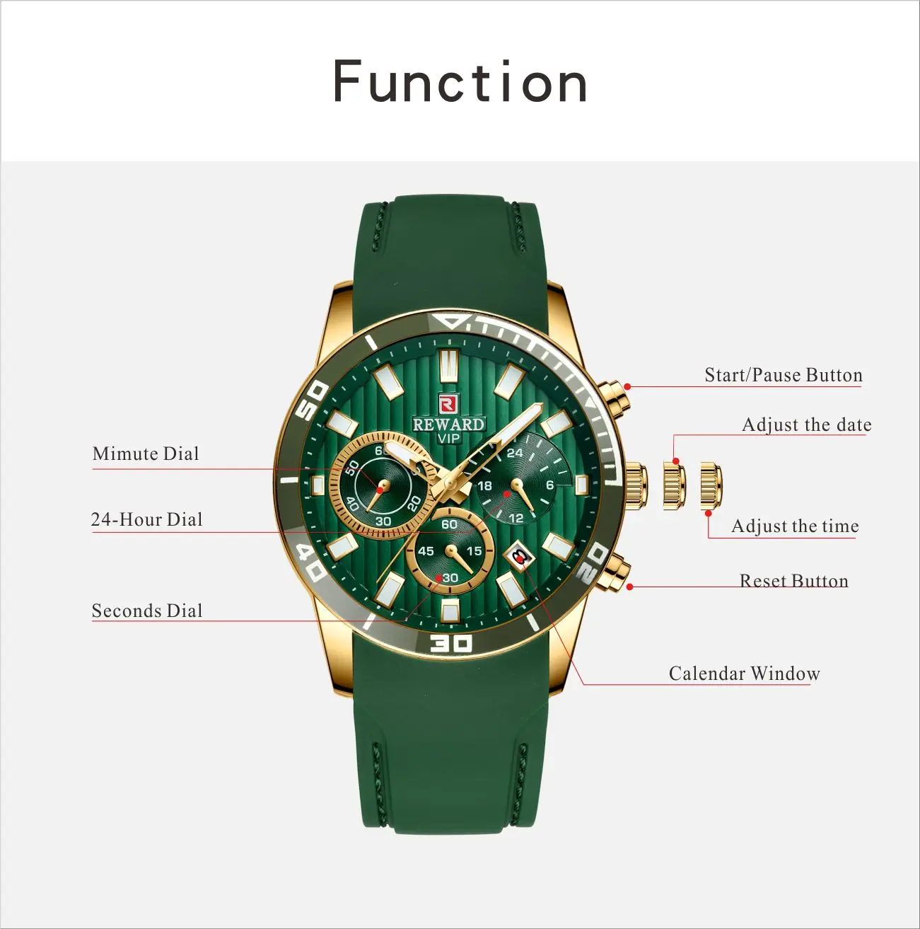 REWARD Army Green Quartz Clock Luxury Chronograph 3 Sub-dia Watch 2021 Military Auto Date Silicone Strap Watches for Men