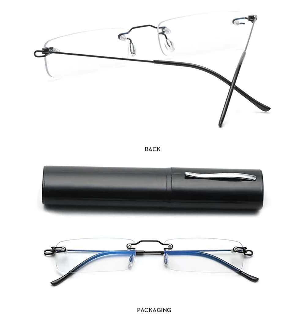 May Flower Anti-Blau Randlose Lesebrille Quadratische Metall Presbyopie Brillen Mit Fall Brillen Herren Brille Für Sight Plus + 4 – Detail 5
