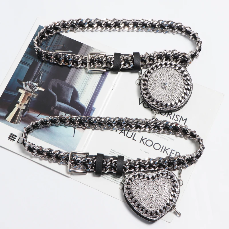 Punk Woven Belt Wide Chain Waist Bags Women Adjustable Waist Belt with Coin Bag Women Cute Heart Circular Rhinestone Fanny Pack