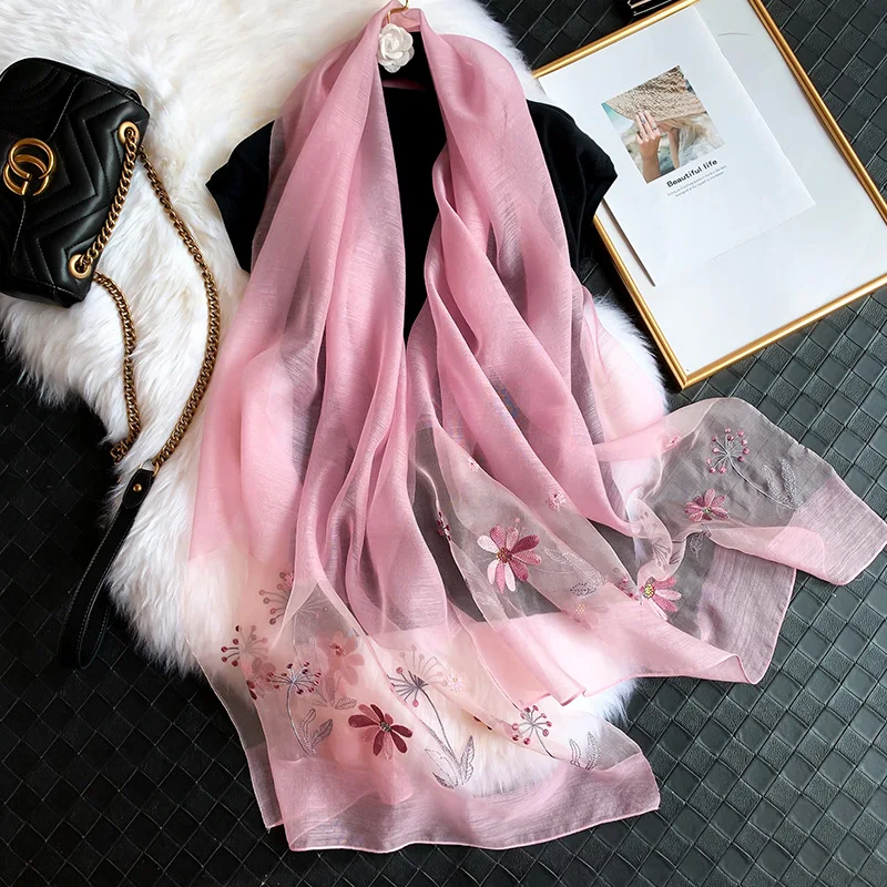 

New 2022 Solid Scarf Hijab Winter Silk Wool Scarves Women Fashion Embroidery Warm Long Shawl Bandana Foulard Pashmina Poncho